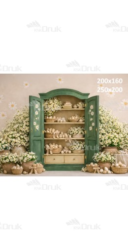 Tło fotograficzne „Zielona witryna z jajkami i rumiankami” | E846